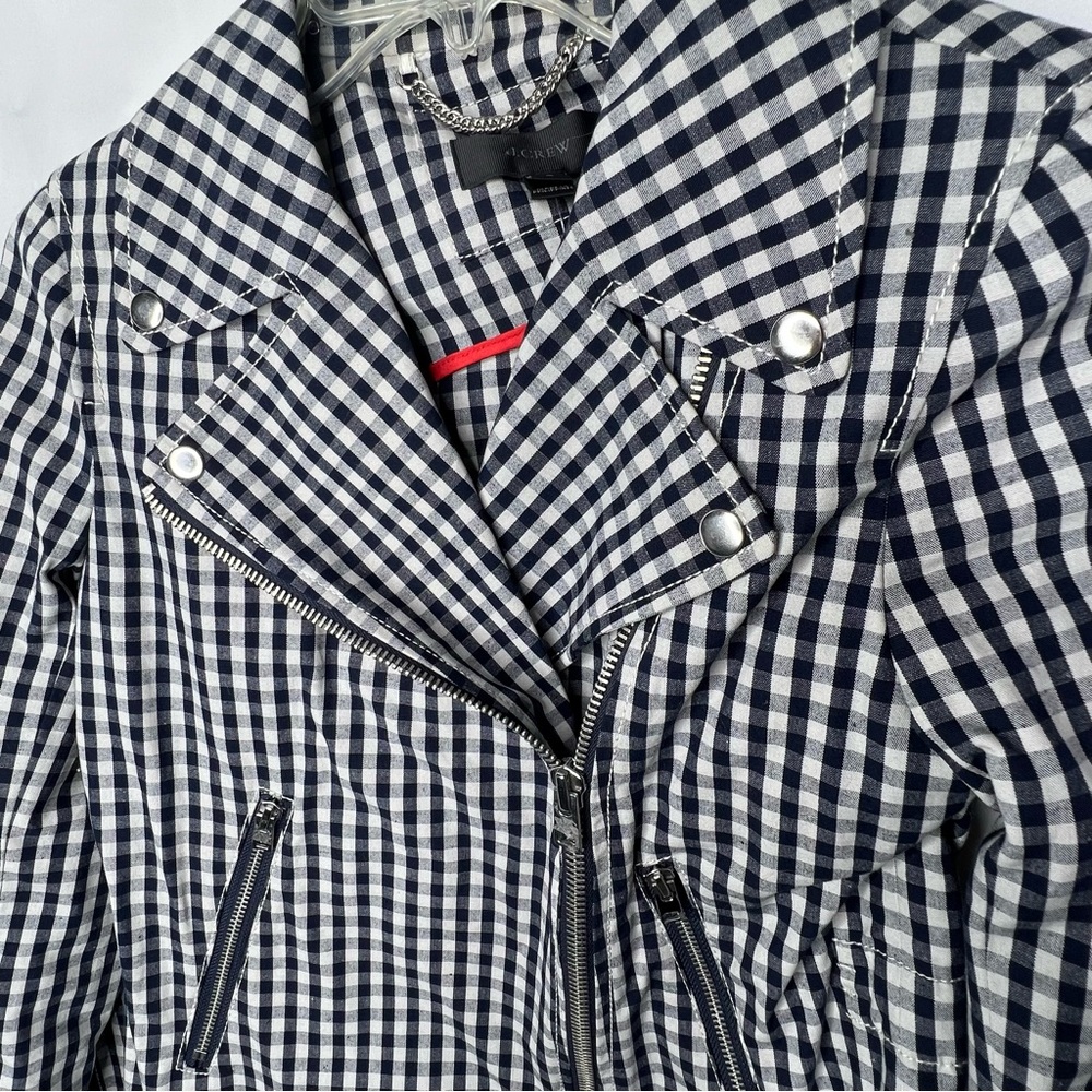 J. CREW Womens MOTORCYCLE JACKET Blue White Gingham SIZE 4 Zipper Front NWT - Picture 4 of 9